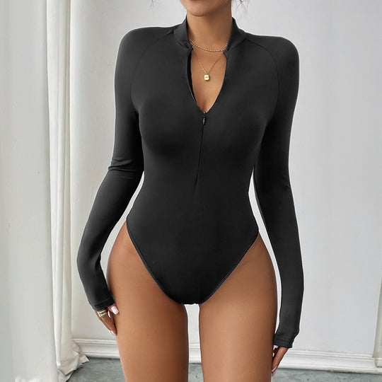 Damen Enganliegendes Langarm-Top mit kurzem Reißverschluss und tiefem V-Ausschnitt Shop Nory