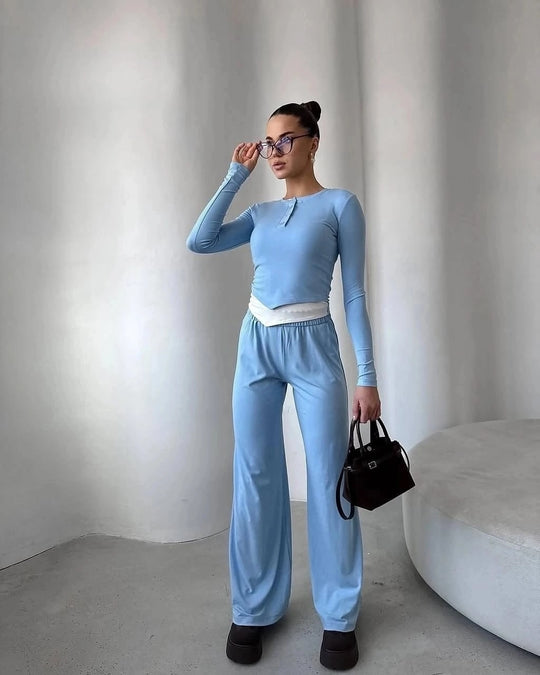 Damen Loungewear-Set aus weichem Modal mit Henley-Knopfleiste und weitem High-Waist Jogger Shop Nory