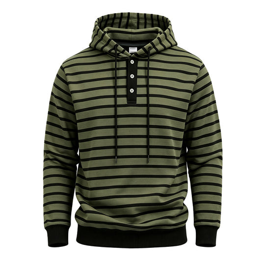 Herren Gestreifter Kapuzenpullover mit Henley‑Knopfleiste, Kordelzug und Rippbündchen Shop Nory