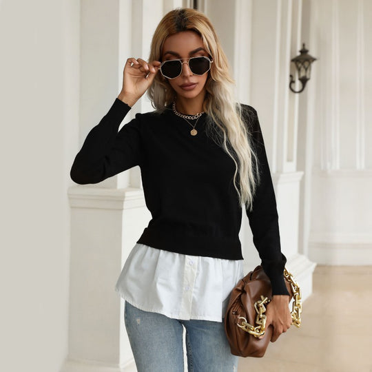 Damen Strickpullover mit eingearbeitetem Blusenbesatz und Doppel-Layer-Optik Shop Nory