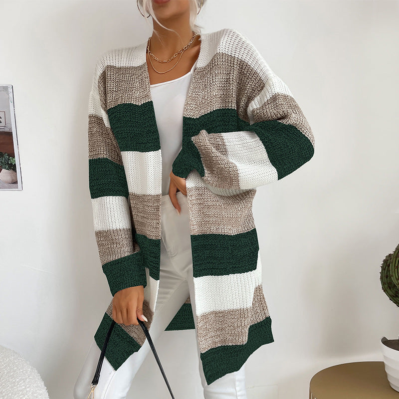 Damen Langer Oversize-Strickcardigan mit Blockstreifen und offener Front Shop Nory