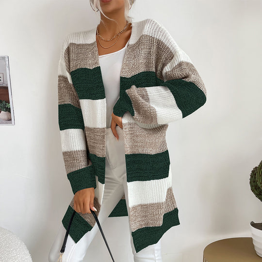 Damen Langer Oversize-Strickcardigan mit Blockstreifen und offener Front Shop Nory
