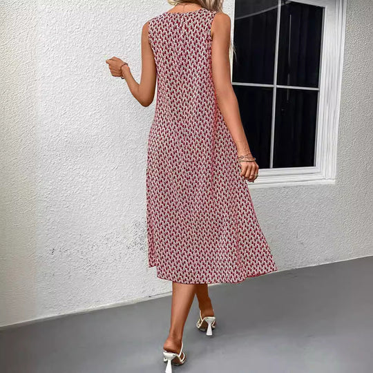 Damen nan ärmelloses A-Linien-Midikleid mit Rundhalsausschnitt, seitlichem Beinschlitz und feinem Geometrie-Print