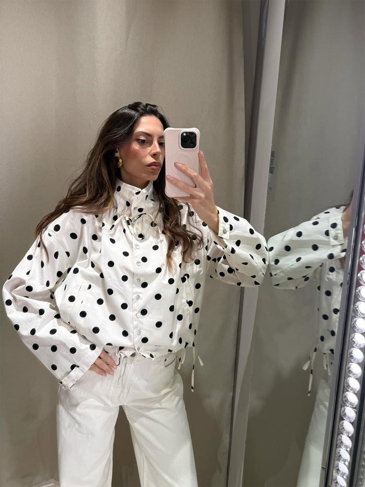 Damen Leichte gepunktete Übergangsjacke mit Stehkragen, Tunnelzug & lockerer Silhouette Shop Nory
