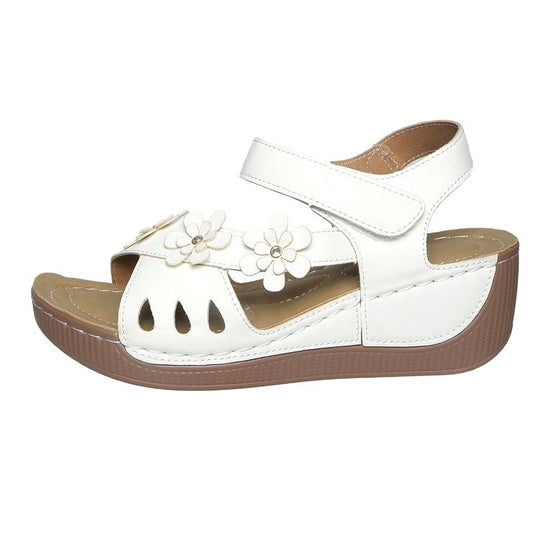 Damen Bequeme Sandalen mit Klettverschluss, gepolstertem Fußbett und Blütenapplikation Shop Nory