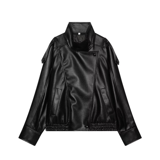 Damen Kurzjacke im asymmetrischen Biker‑Trenchstil aus veganer Lederoptik mit hohem Stehkragen Shop Nory