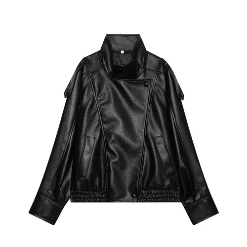 Damen Kurzjacke im asymmetrischen Biker‑Trenchstil aus veganer Lederoptik mit hohem Stehkragen Shop Nory