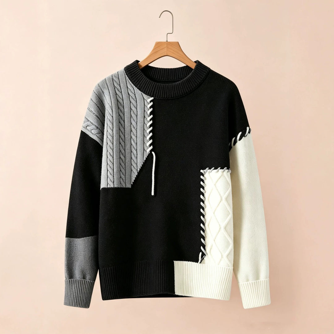 Damen Oversize Strickpullover im Patchwork‑Design mit Zopfmuster‑Einsätzen Shop Nory