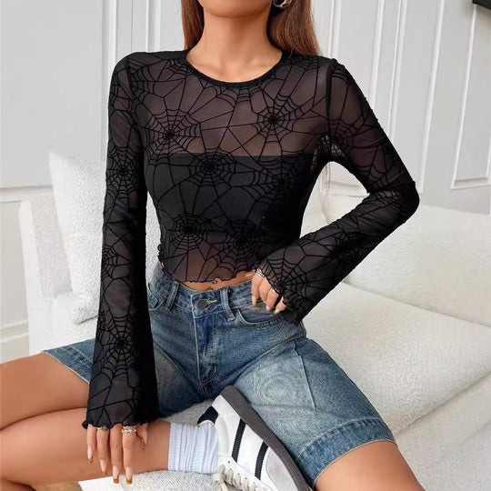Damen nan transparentes Netztop mit samtigem Spinnennetzprint und bauchfreiem Schnitt Shopnory