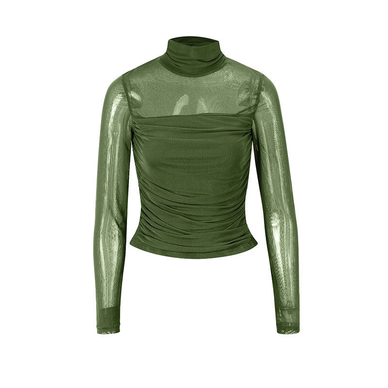 Damen Langarmshirt mit eleganter Raffung und transparentem Design