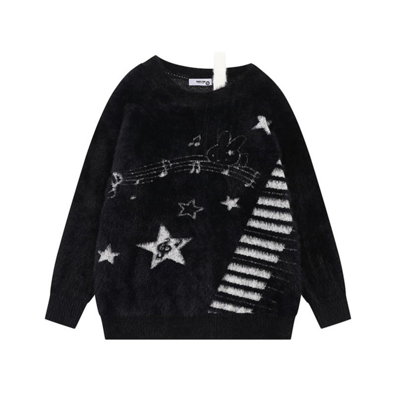 Damen Kuscheliger Strickpullover mit Cartoon-Noten- und Sternmotiv Shop Nory