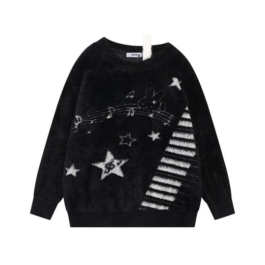Damen Kuscheliger Strickpullover mit Cartoon-Noten- und Sternmotiv Shop Nory