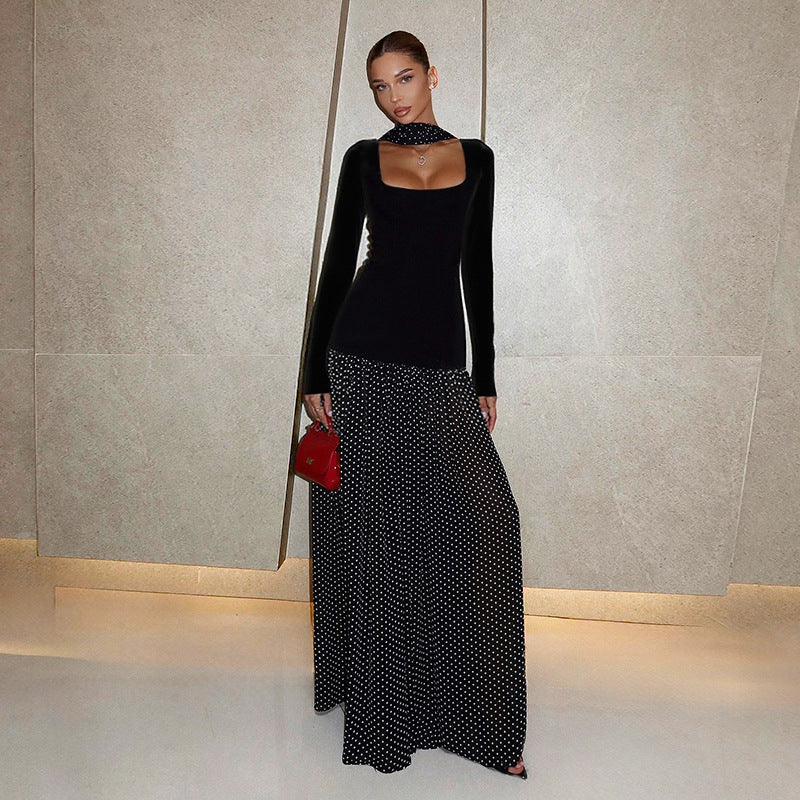 Damen Langärmeliges Maxikleid mit taillierter Silhouette, eckigem Ausschnitt und transparentem Chiffon‑Überrock Shop Nory