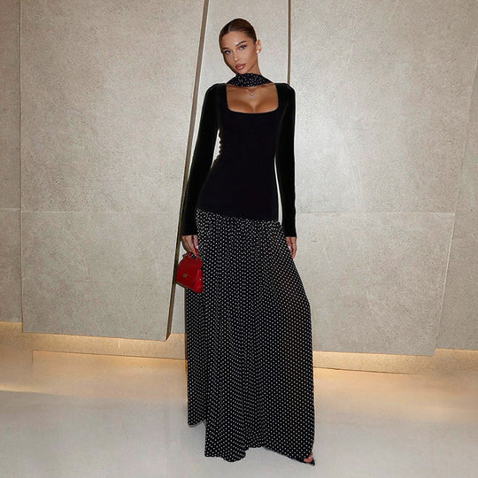 Damen Langärmeliges Maxikleid mit taillierter Silhouette, eckigem Ausschnitt und transparentem Chiffon‑Überrock Shop Nory