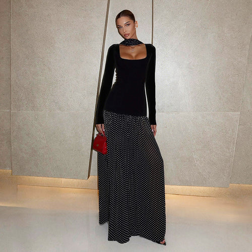 Damen Langärmeliges Maxikleid mit taillierter Silhouette, eckigem Ausschnitt und transparentem Chiffon‑Überrock Shop Nory