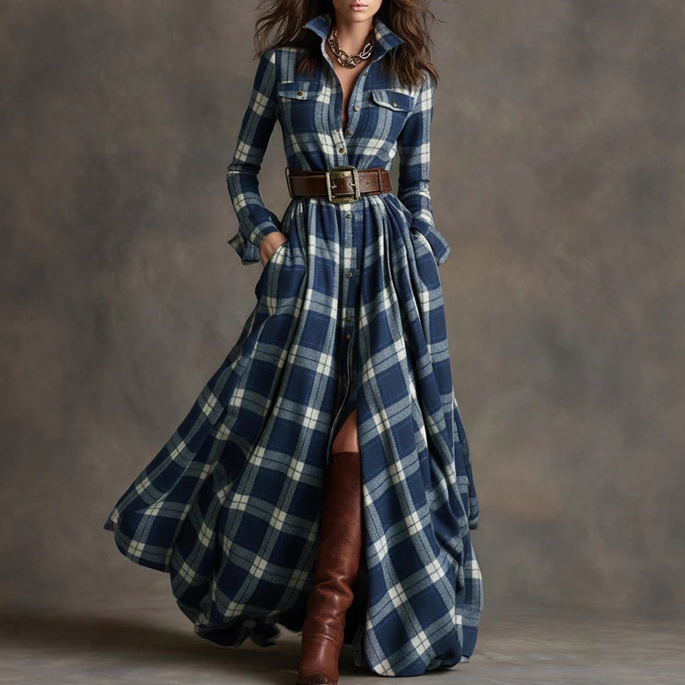 Damen nan karierte Maxikleid Hemdblusenkleid mit ausgestelltem Rock und breitem Taillengürtel Shop Nory