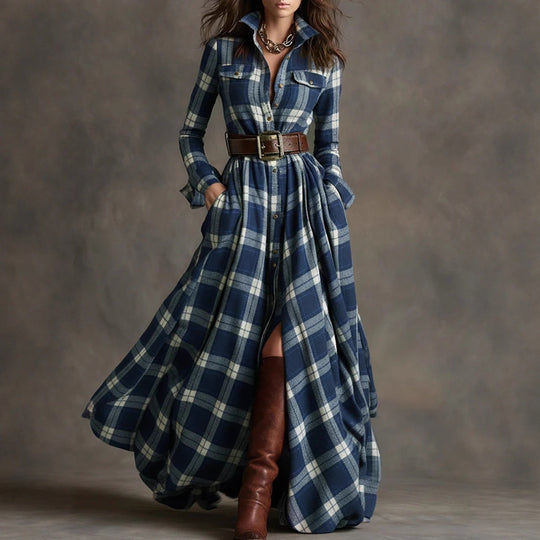 Damen nan karierte Maxikleid Hemdblusenkleid mit ausgestelltem Rock und breitem Taillengürtel Shop Nory