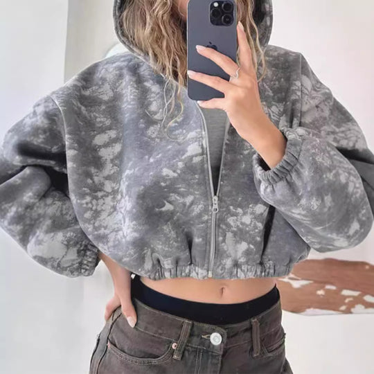 Damen nan kurzes Zip-Hoodie mit Used-Effekt, Kapuze und elastischem Saum Shop Nory