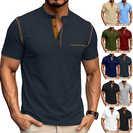 Herren nan kurzärmeliges Henley-Shirt mit Stehkragen, Brusttasche und kontrastierenden Ziernähten