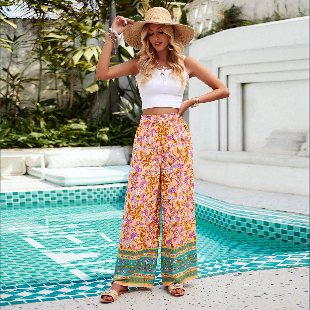 Damen nan weite Palazzohose mit gerafftem Bund, seitlichen Eingrifftaschen und floraler Boho-Print Shop Nory