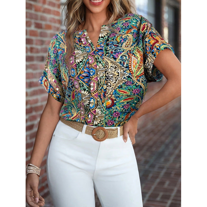 Damen Kurzarm Bluse mit buntem Druck und V-Ausschnitt