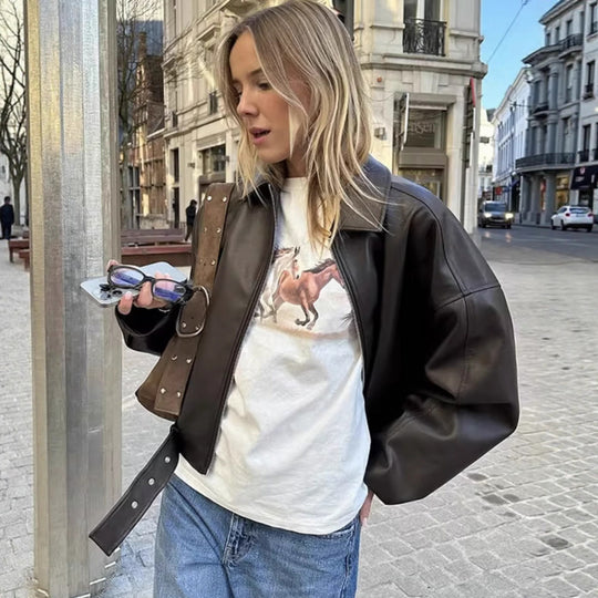 Unisex Oversize Kunstlederjacke mit Reißverschluss Hemdkragen und Taillengürtel Shop Nory