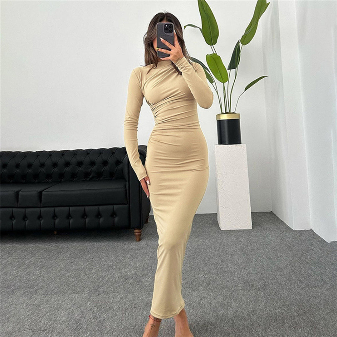 Damen figurbetontes Maxikleid mit hohem Kragen und seitlicher Raffung Shop Nory