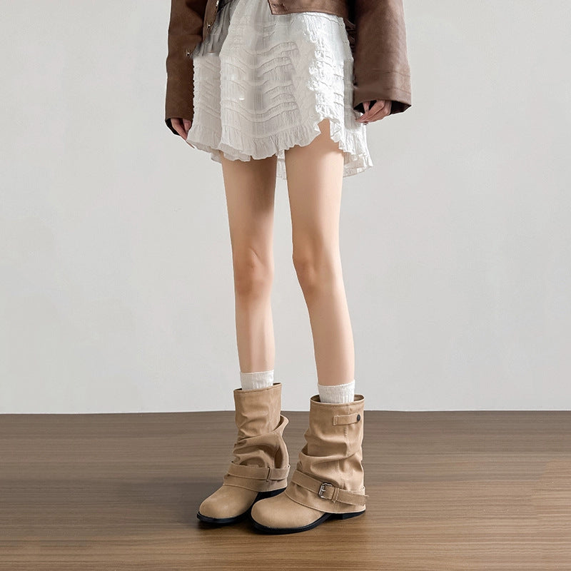 Damen Modische Stiefeletten mit lässigem Falten-Design und eleganter Schnallenverzierung Shopnory