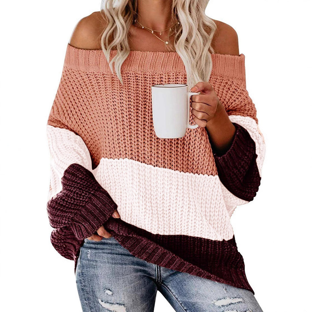 Damen Schulterfreier Oversize Blockstreifen Strickpullover Shop Nory