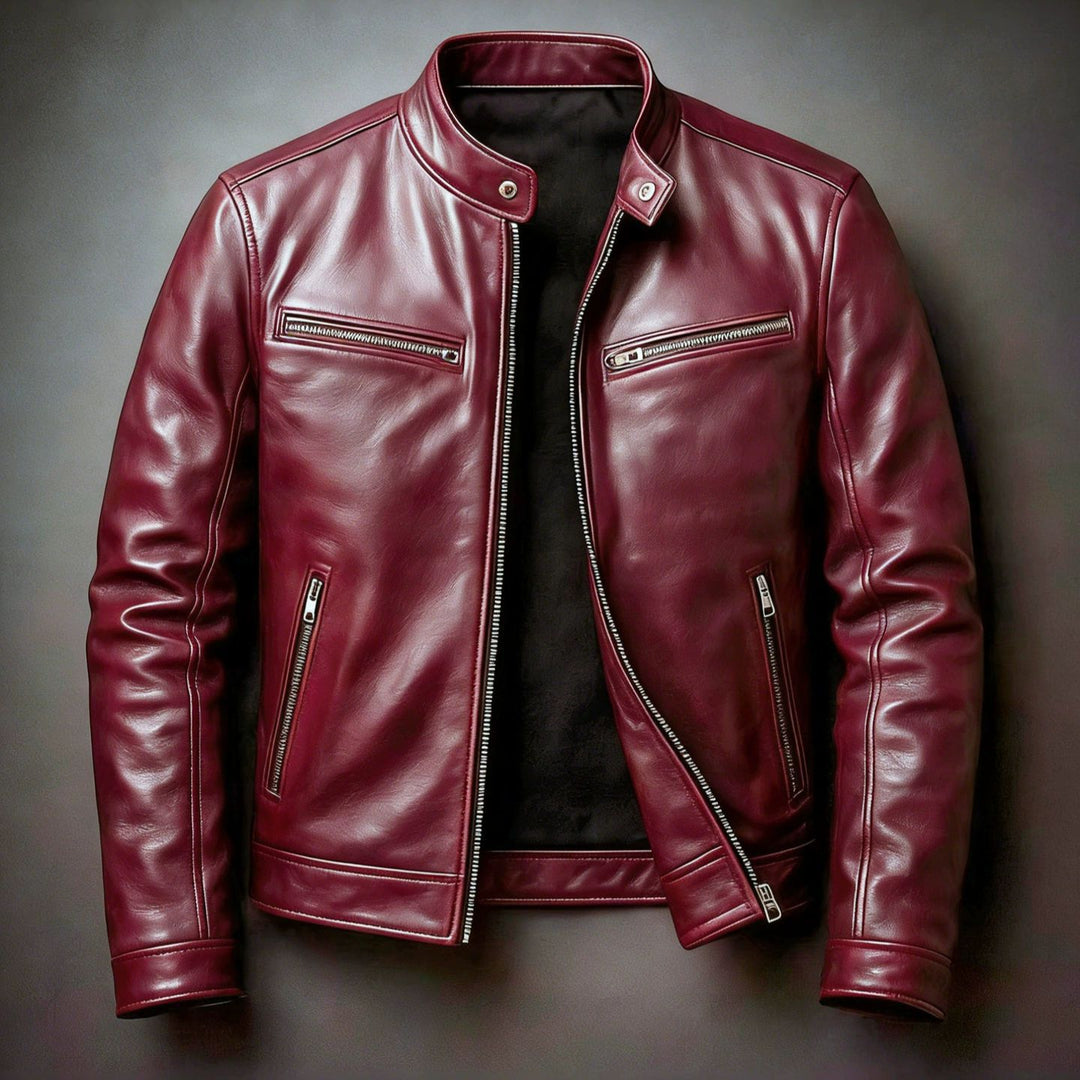 Herren Schmal geschnittene Biker-Lederjacke aus Nappaleder mit Stehkragen und Reißverschluss Shop Nory