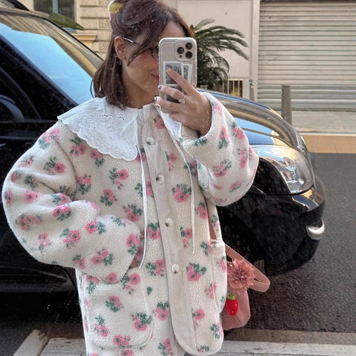 Damen Teddy-Fleecejacke mit Blumendruck, Cordleiste, Pattentaschen und übergroßem Spitzenkragen Shop Nory
