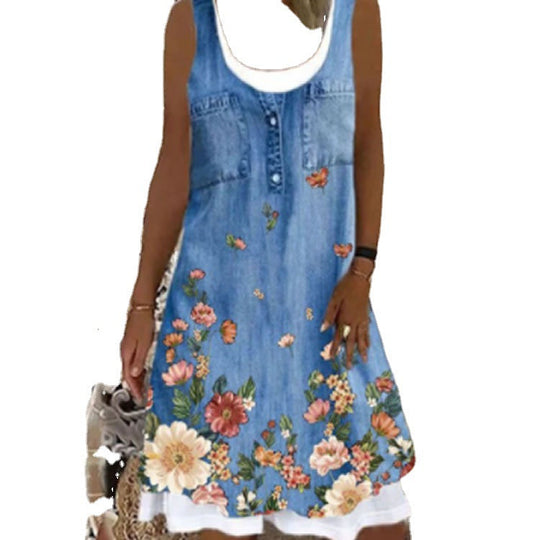 Damen Jeanskleid mit floralem Design und Knopfleiste