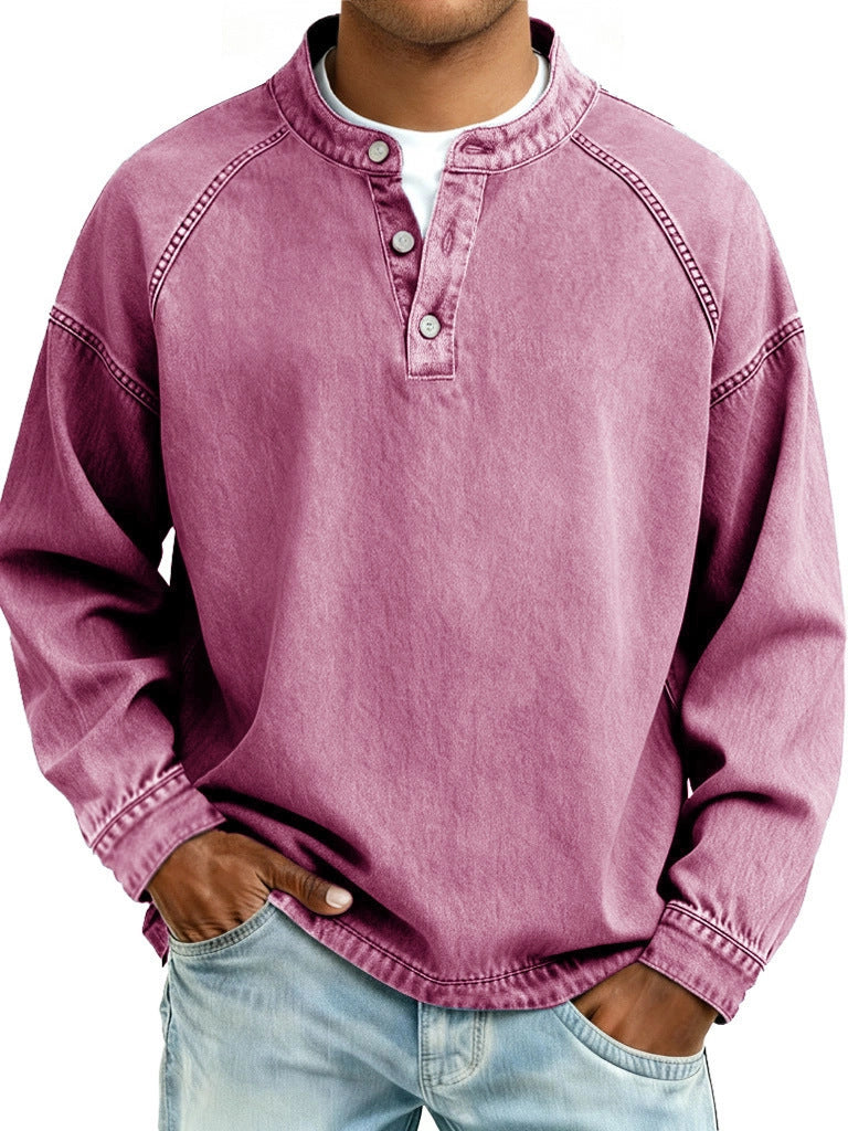 Herren nan verwaschenes Henley-Shirt mit Stehkragen, lockerer Passform und Knopfleiste Shop Nory