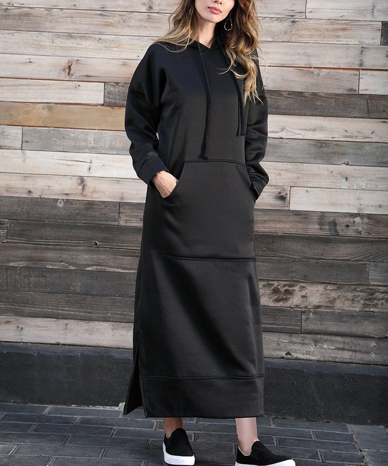 Damen nan langes Kapuzen-Sweatkleid mit Kängurutasche, Seitenschlitzen und lockerer Oversize-Passform Shop Nory