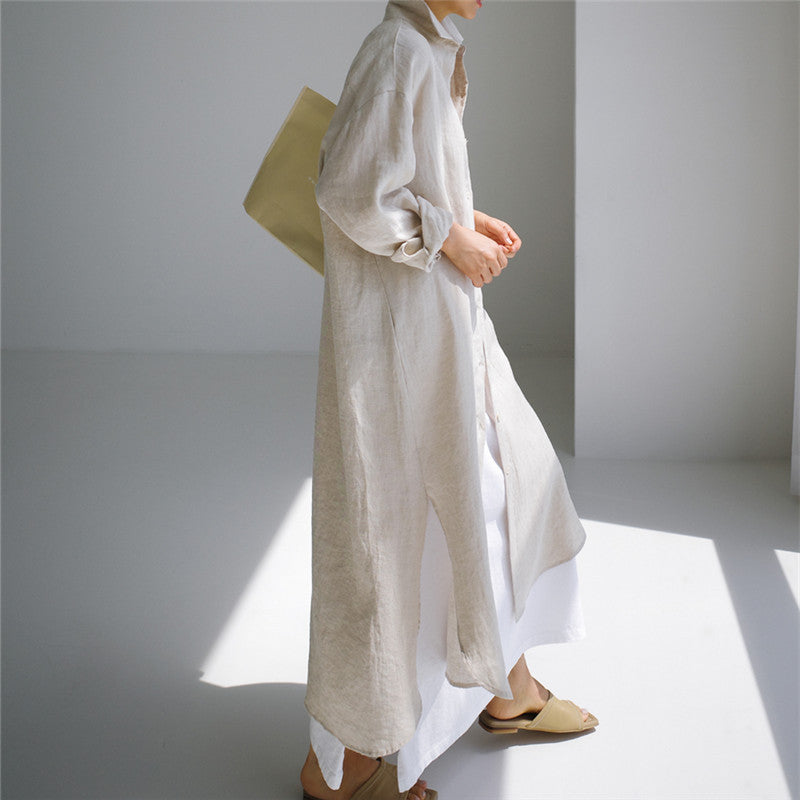 Damen Langes Leinen‑Hemdkleid mit kastiger Oversize‑Silhouette und Seitenschlitzen Shop Nory