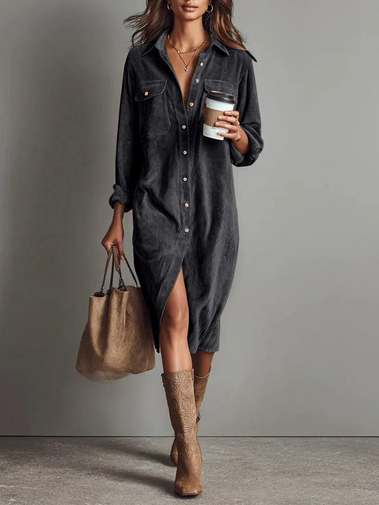 Damen Hemdblusenkleid aus Cord mit Brusttaschen, Knopfleiste und Schlitze Shop Nory