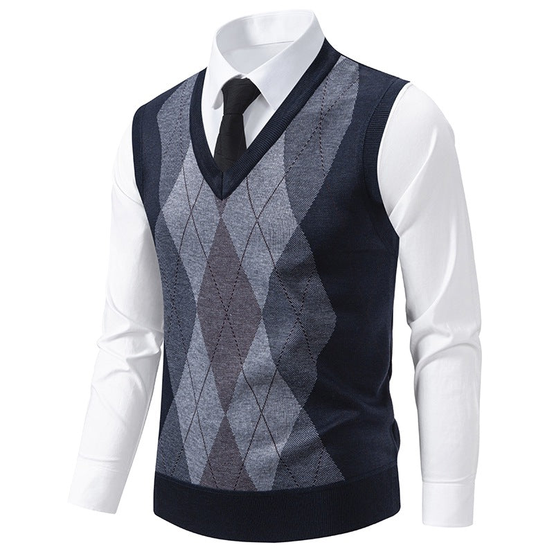 Herren ärmellose V-Ausschnitt Strickweste mit Rautenmuster und feinem Merino-Mix Shop Nory