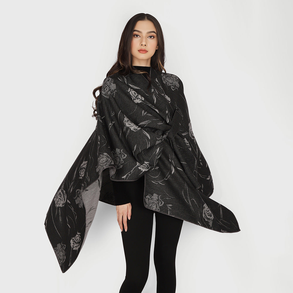 Damen Beidseitig tragbarer Jacquard-Überwurf mit Rosenmuster und Bindegürtel Shop Nory