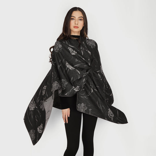 Damen Beidseitig tragbarer Jacquard-Überwurf mit Rosenmuster und Bindegürtel Shop Nory