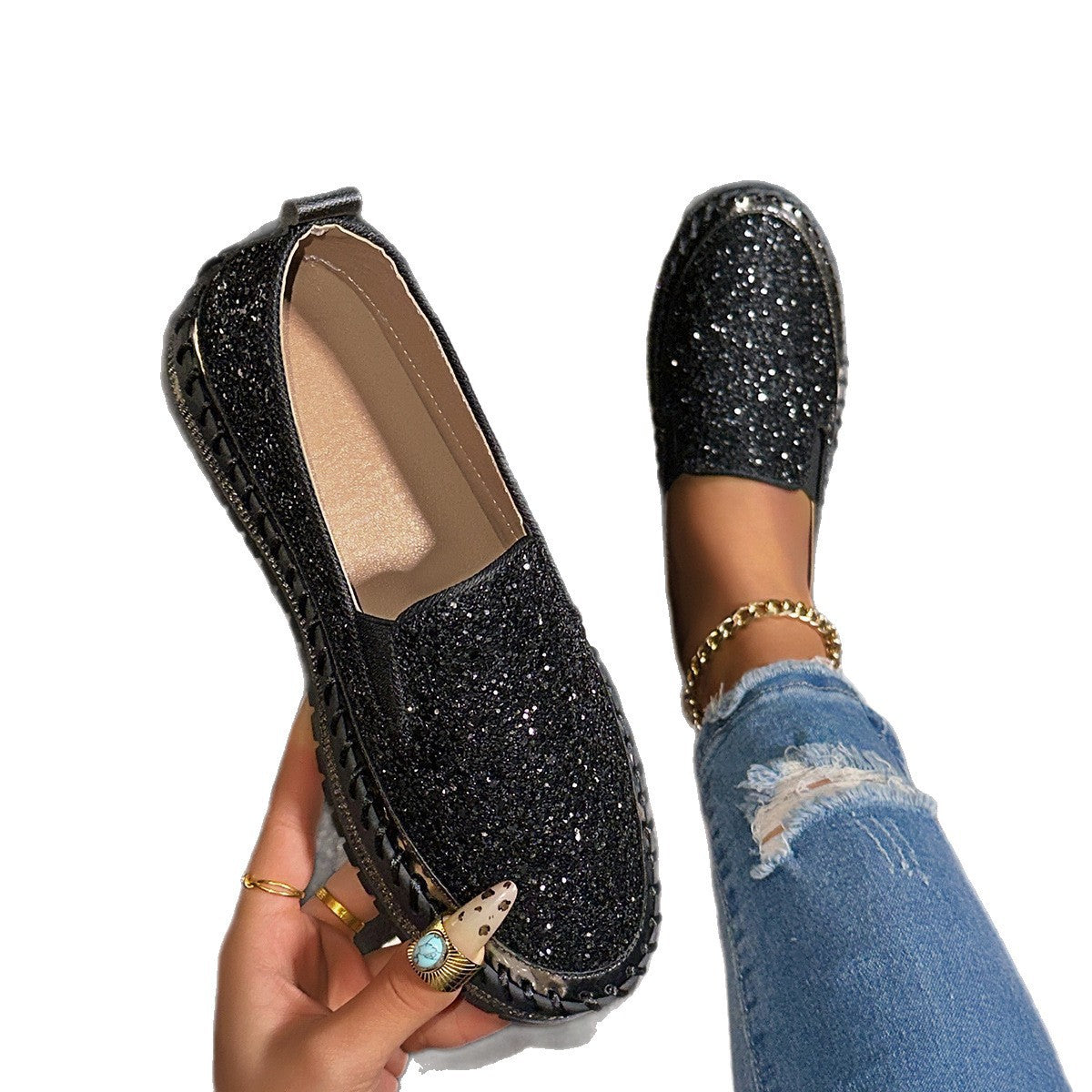 Damen Glitzernde Slip-On Sneakers Shopnory