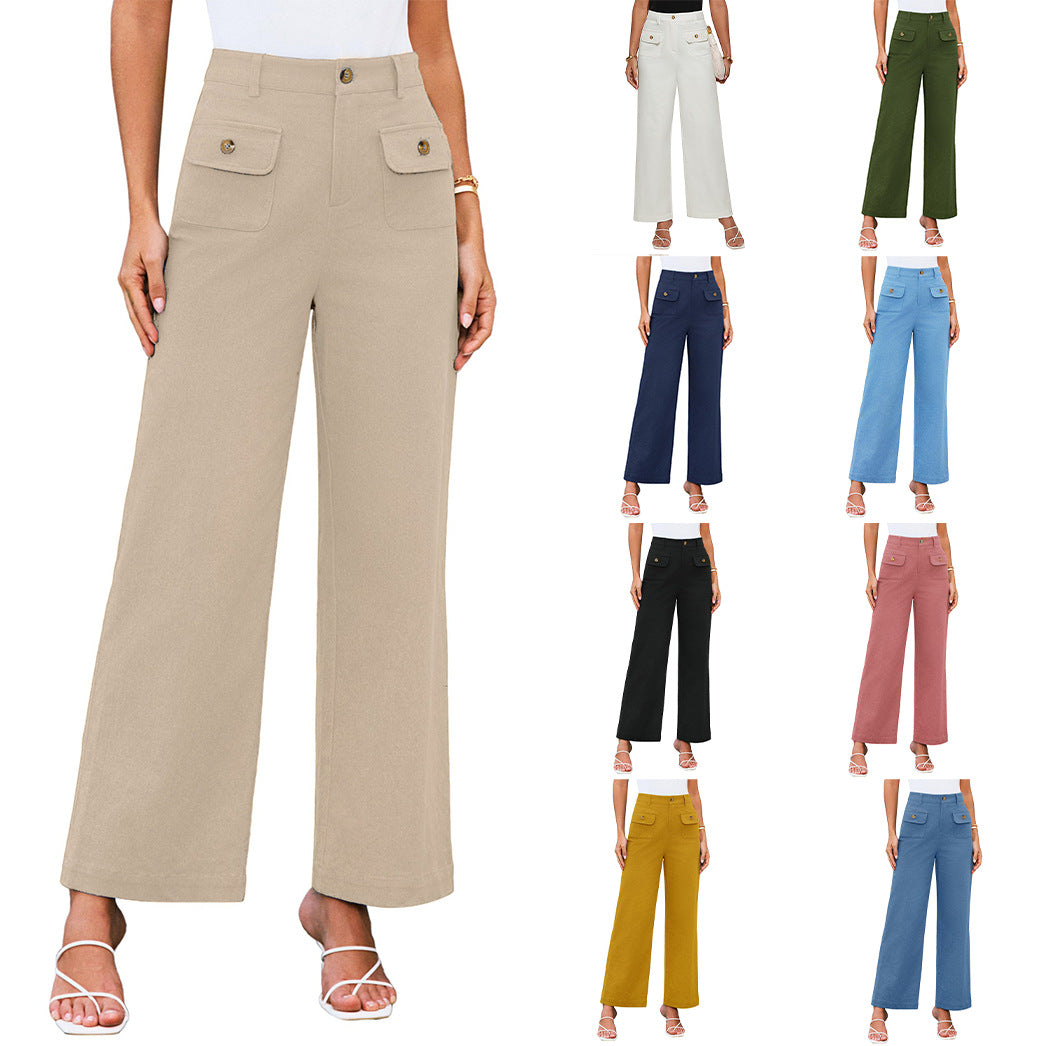 Hochtaillierte Damen-Trousers mit weitem Bein und Knopfklappen-Pattentaschen Shop Nory