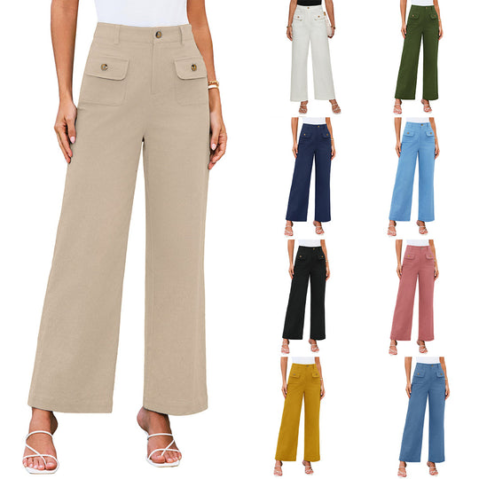 Hochtaillierte Damen-Trousers mit weitem Bein und Knopfklappen-Pattentaschen Shop Nory
