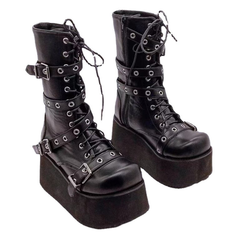 Damen nan hochschaftige Gothic Plateau-Boots mit mehrfachen Metallschnallen, Ösen und seitlichem Reißverschluss Shop Nory