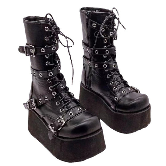 Damen nan hochschaftige Gothic Plateau-Boots mit mehrfachen Metallschnallen, Ösen und seitlichem Reißverschluss Shop Nory