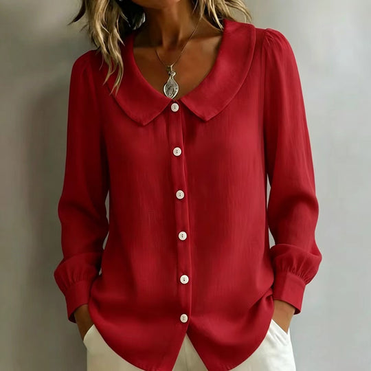 Damen Locker geschnittene Bluse mit Rundkragen, Puffärmeln und Perlmuttknopfleiste Shop Nory