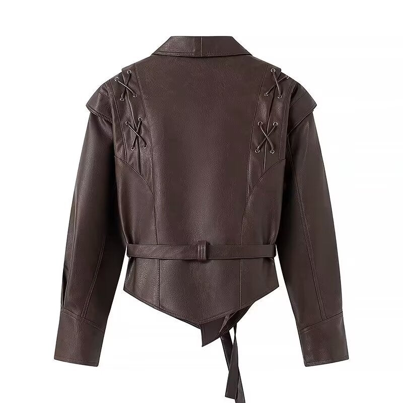 Damen Kurzblazer-Lederjacke mit Schalkragen, Taillengürtel und Schnürdetail Shop Nory