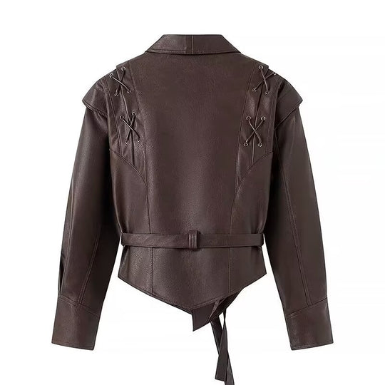 Damen Kurzblazer-Lederjacke mit Schalkragen, Taillengürtel und Schnürdetail Shop Nory