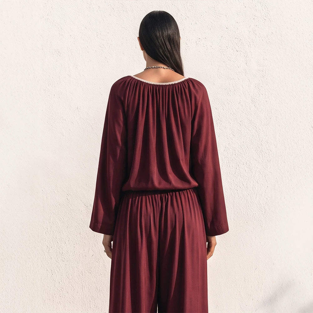 Damen Fließendes zweiteiliges Loungewear-Set aus Seidenoptik mit weiter Palazzohose und geraffter Tunika Shop Nory