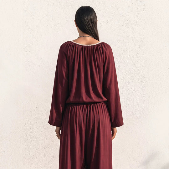 Damen Fließendes zweiteiliges Loungewear-Set aus Seidenoptik mit weiter Palazzohose und geraffter Tunika Shop Nory