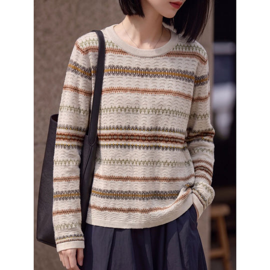 Damen Leichter Rundhals-Pullover im Norwegerstreifen-Design mit strukturierter Ajouroptik Shop Nory